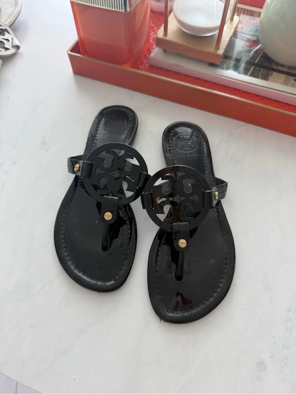 Tory Burch Black Patent Miller Thong Sandals